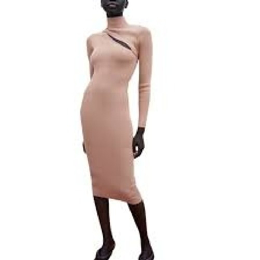Zara Women Dress M Peach Ribbed Knit Cutout Long Sleeve Mock Neck Midi Bodycon